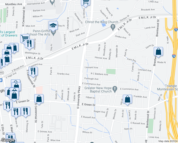 map of restaurants, bars, coffee shops, grocery stores, and more near 1213 Olga Avenue in High Point