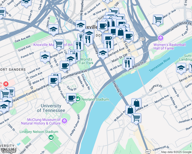 map of restaurants, bars, coffee shops, grocery stores, and more near 830 West Hill Avenue in Knoxville