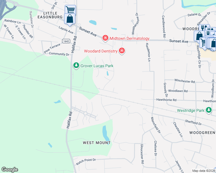 map of restaurants, bars, coffee shops, grocery stores, and more near 4172-4176 Meadowview Lane in Rocky Mount