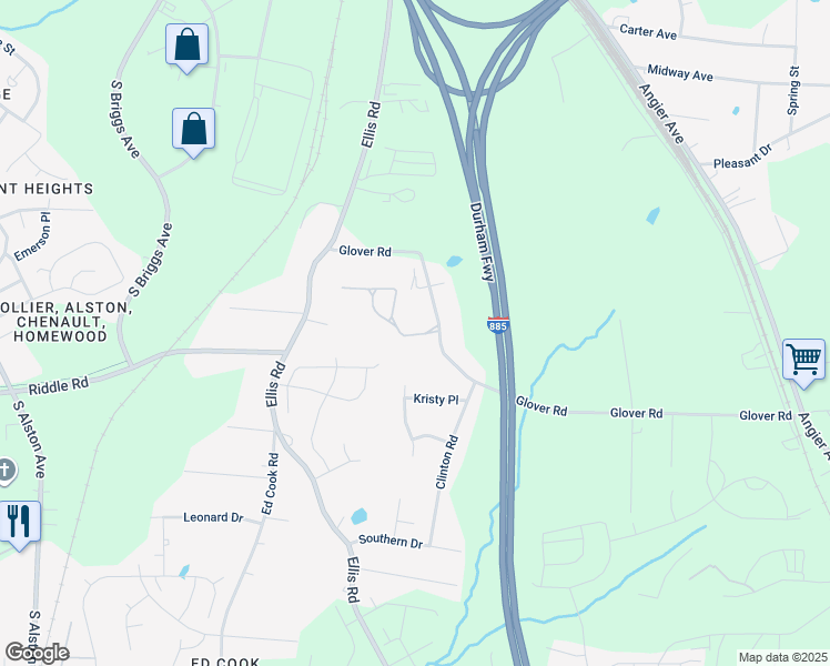 map of restaurants, bars, coffee shops, grocery stores, and more near 2246 Glover Road in Durham