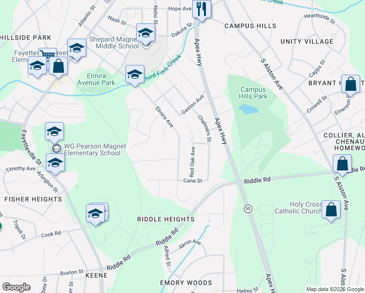 map of restaurants, bars, coffee shops, grocery stores, and more near 1110 Elmira Avenue in Durham