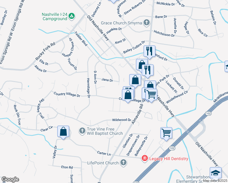 map of restaurants, bars, coffee shops, grocery stores, and more near 281 Country Village Drive in Smyrna
