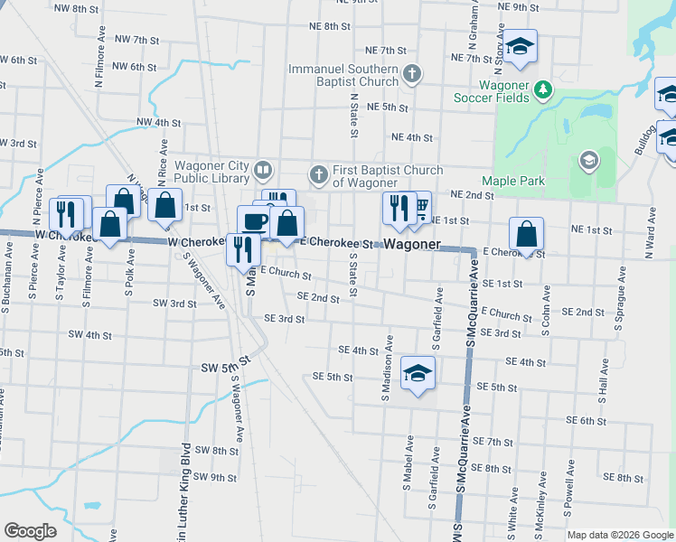 map of restaurants, bars, coffee shops, grocery stores, and more near 406 East Church Street in Wagoner