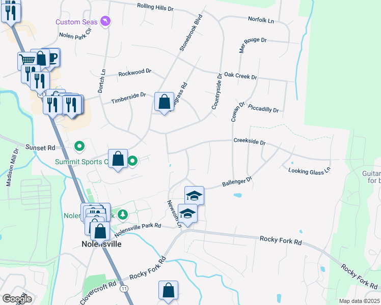 map of restaurants, bars, coffee shops, grocery stores, and more near 102 Mill Creek Lane in Nolensville