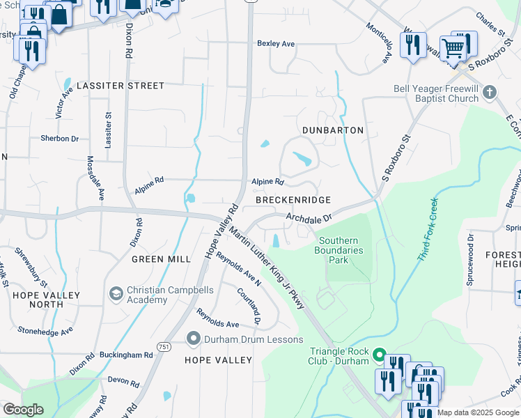 map of restaurants, bars, coffee shops, grocery stores, and more near 515 High Ridge Drive in Durham