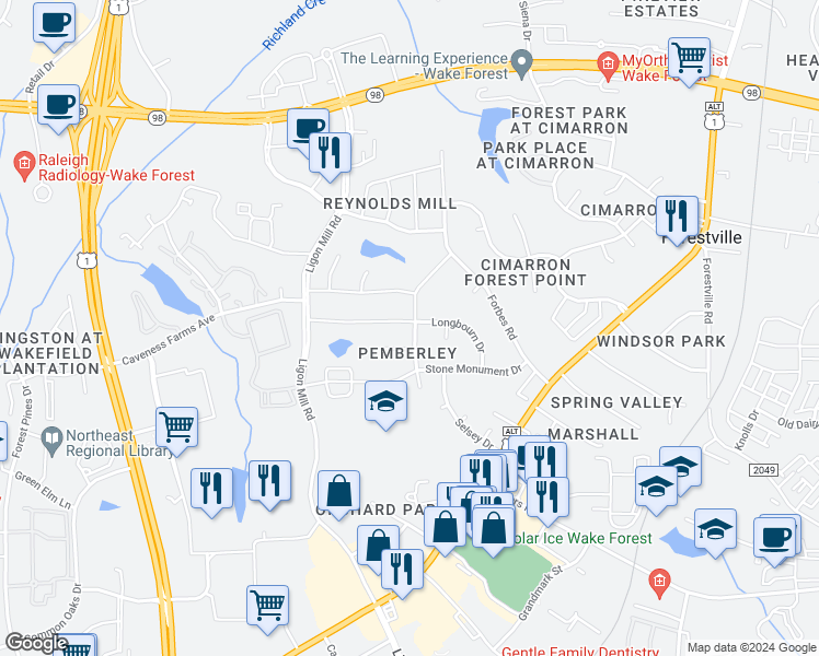 map of restaurants, bars, coffee shops, grocery stores, and more near 401 Longbourn Drive in Wake Forest