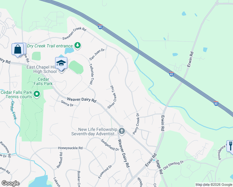 map of restaurants, bars, coffee shops, grocery stores, and more near 216 Silver Creek Trail in Chapel Hill
