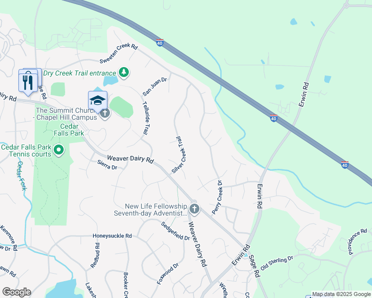 map of restaurants, bars, coffee shops, grocery stores, and more near 216 Silver Creek Trail in Chapel Hill
