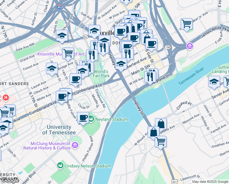 map of restaurants, bars, coffee shops, grocery stores, and more near 818 West Hill Avenue in Knoxville