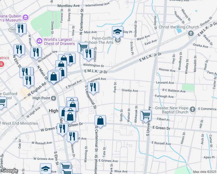 map of restaurants, bars, coffee shops, grocery stores, and more near 611 Granby Avenue in High Point