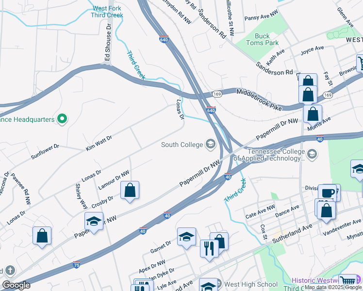 map of restaurants, bars, coffee shops, grocery stores, and more near 1540 Greenbrier Ridge Way in Knoxville