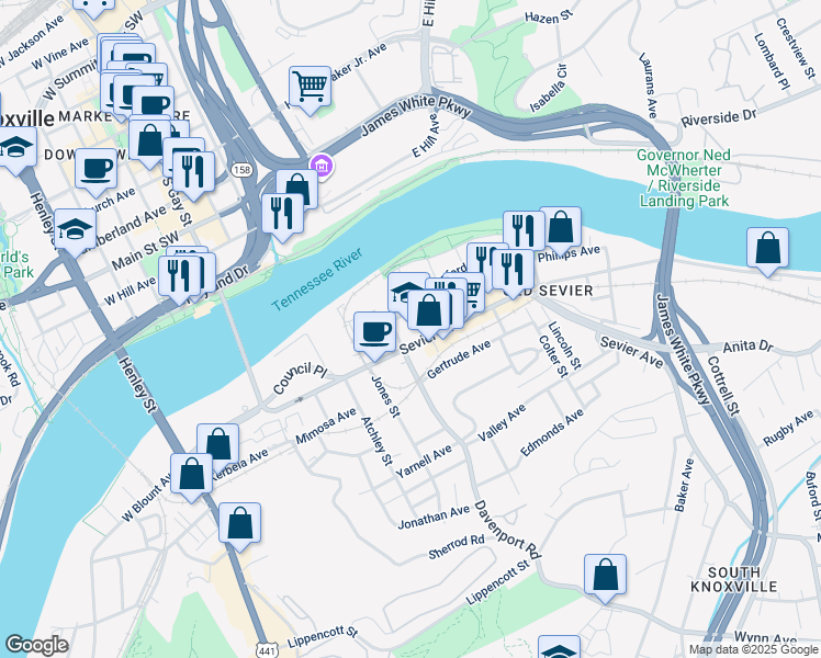 map of restaurants, bars, coffee shops, grocery stores, and more near 801 Sevier Avenue in Knoxville