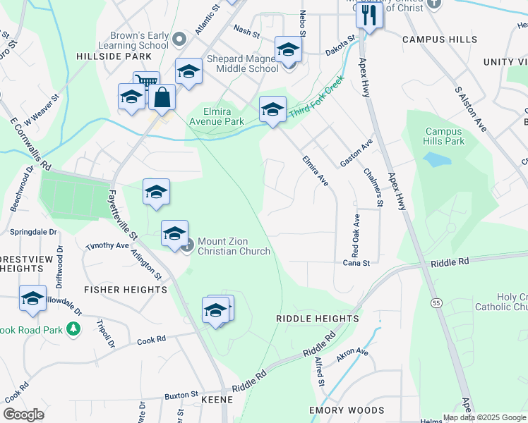 map of restaurants, bars, coffee shops, grocery stores, and more near 2325 Curtis Street in Durham
