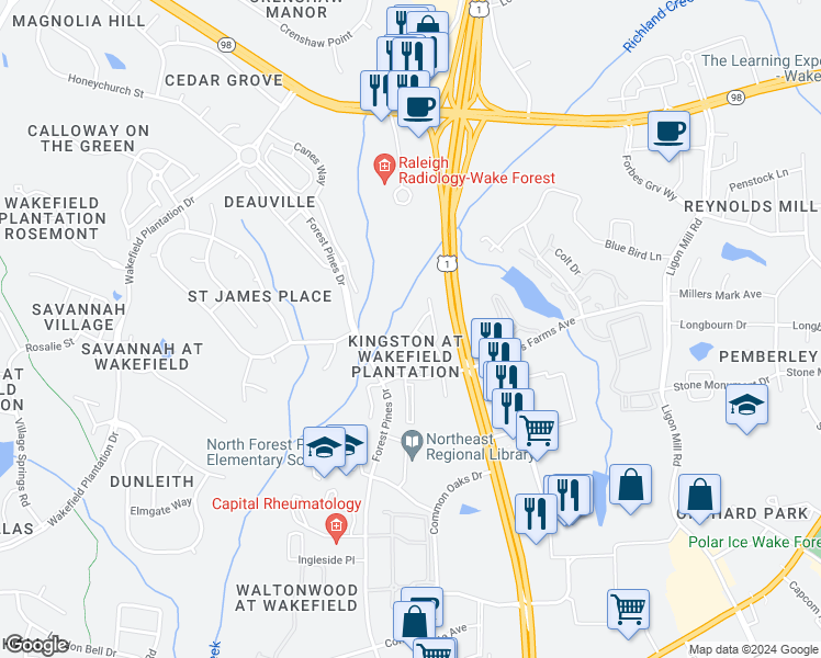 map of restaurants, bars, coffee shops, grocery stores, and more near 14411 Hamletville Street in Raleigh