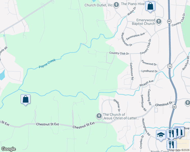 map of restaurants, bars, coffee shops, grocery stores, and more near Fallin Court in High Point