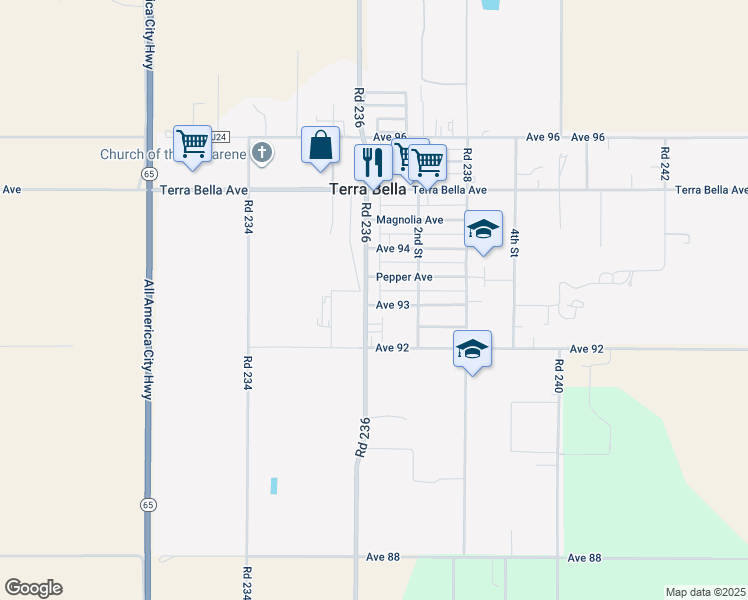 map of restaurants, bars, coffee shops, grocery stores, and more near 9246 California 65 in Terra Bella
