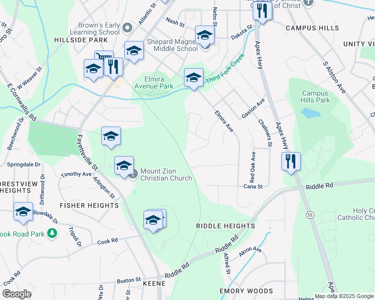 map of restaurants, bars, coffee shops, grocery stores, and more near 2325 Curtis Street in Durham