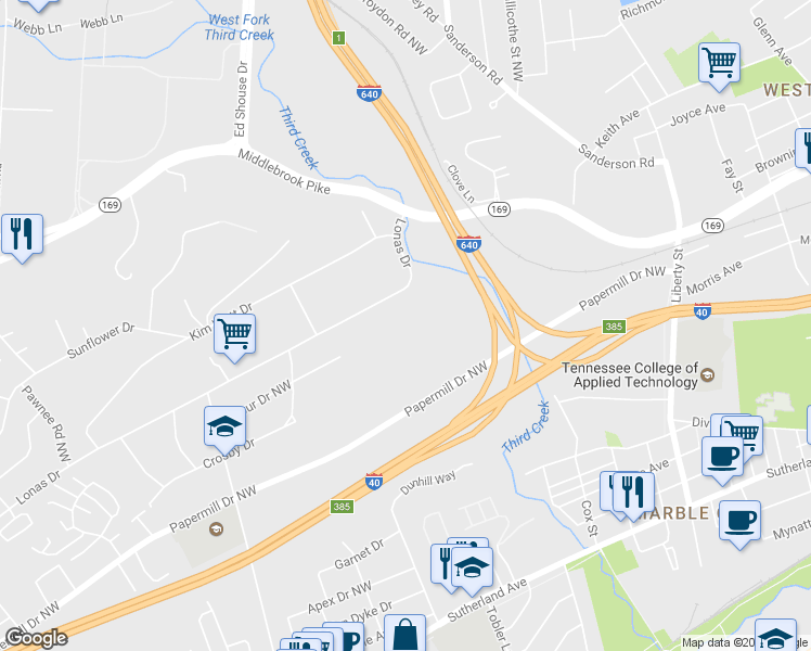 map of restaurants, bars, coffee shops, grocery stores, and more near 1525 Greenbrier Ridge Way in Knoxville