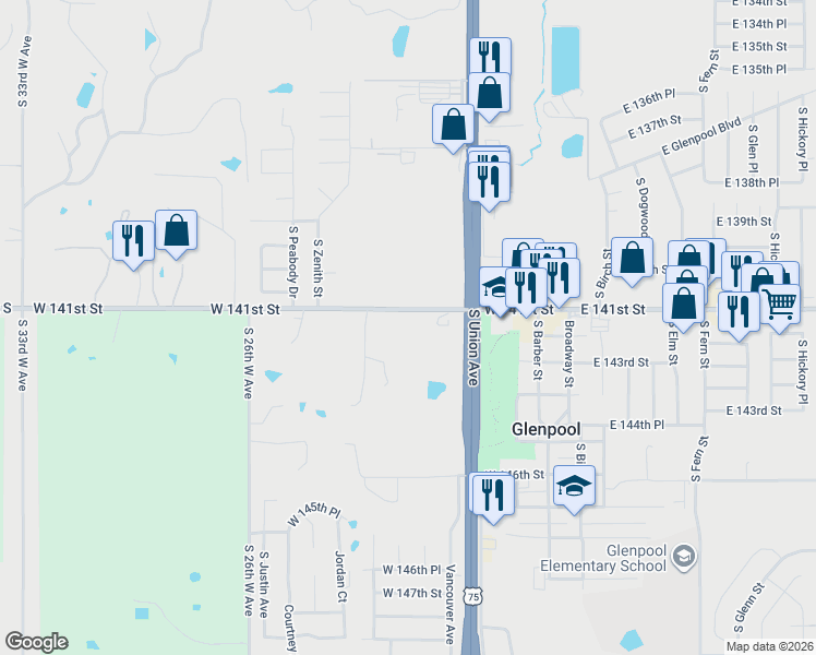 map of restaurants, bars, coffee shops, grocery stores, and more near 596 West 141st Street in Glenpool
