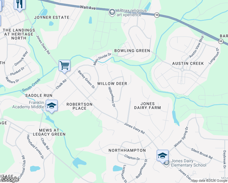 map of restaurants, bars, coffee shops, grocery stores, and more near 6404 Willowlawn Drive in Wake Forest