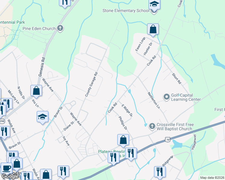 map of restaurants, bars, coffee shops, grocery stores, and more near 545 Cook Road in Crossville