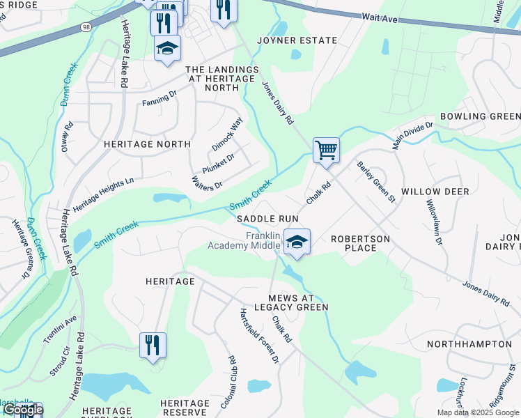 map of restaurants, bars, coffee shops, grocery stores, and more near 1604 Gracie Girl Way in Wake Forest