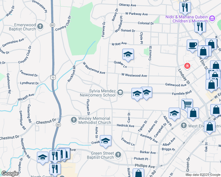 map of restaurants, bars, coffee shops, grocery stores, and more near 907 Ferndale Boulevard in High Point