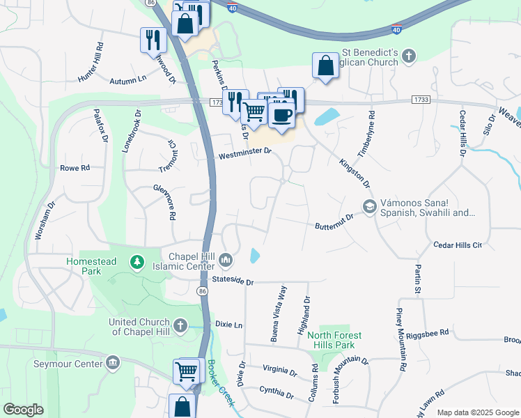 map of restaurants, bars, coffee shops, grocery stores, and more near 4 Saluda Court in Chapel Hill