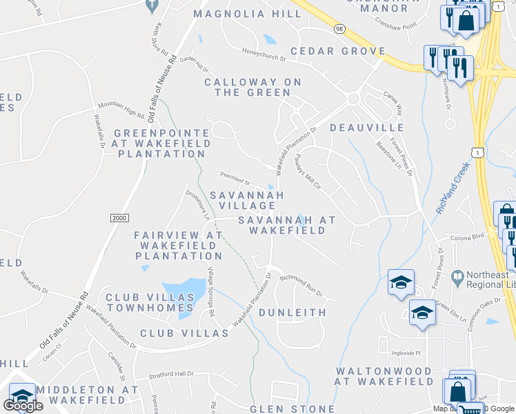 map of restaurants, bars, coffee shops, grocery stores, and more near 2736 Peachleaf Street in Raleigh