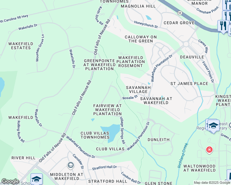 map of restaurants, bars, coffee shops, grocery stores, and more near 2604 Drommore Lane in Raleigh