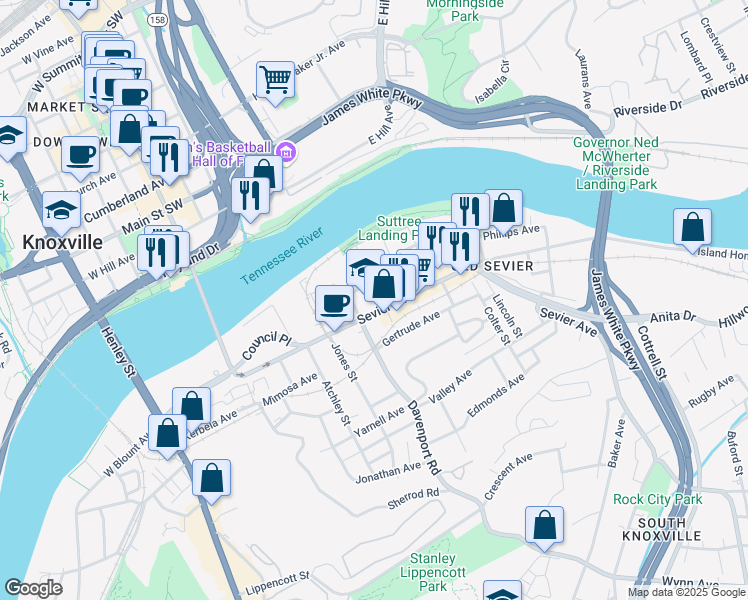 map of restaurants, bars, coffee shops, grocery stores, and more near 801 Sevier Avenue in Knoxville