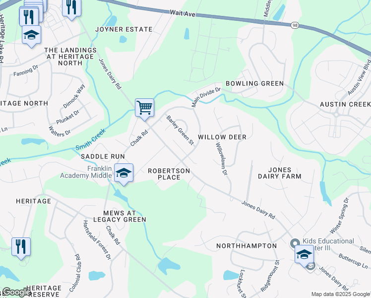 map of restaurants, bars, coffee shops, grocery stores, and more near 805 Tree Green Lane in Wake Forest