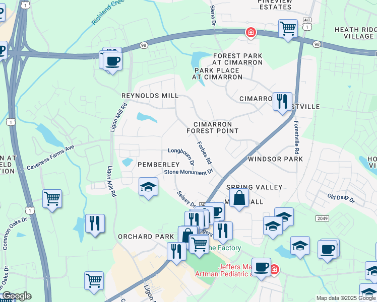 map of restaurants, bars, coffee shops, grocery stores, and more near 228 Longbourn Drive in Wake Forest