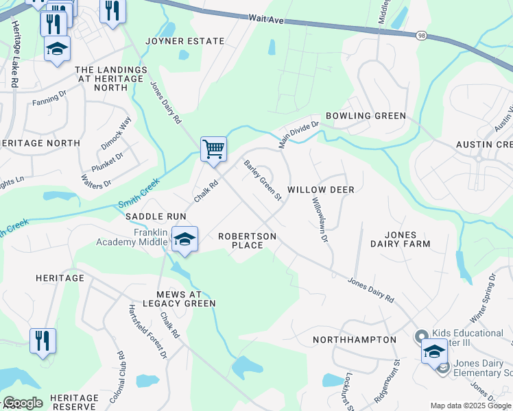 map of restaurants, bars, coffee shops, grocery stores, and more near 708 Jones Dairy Road in Wake Forest