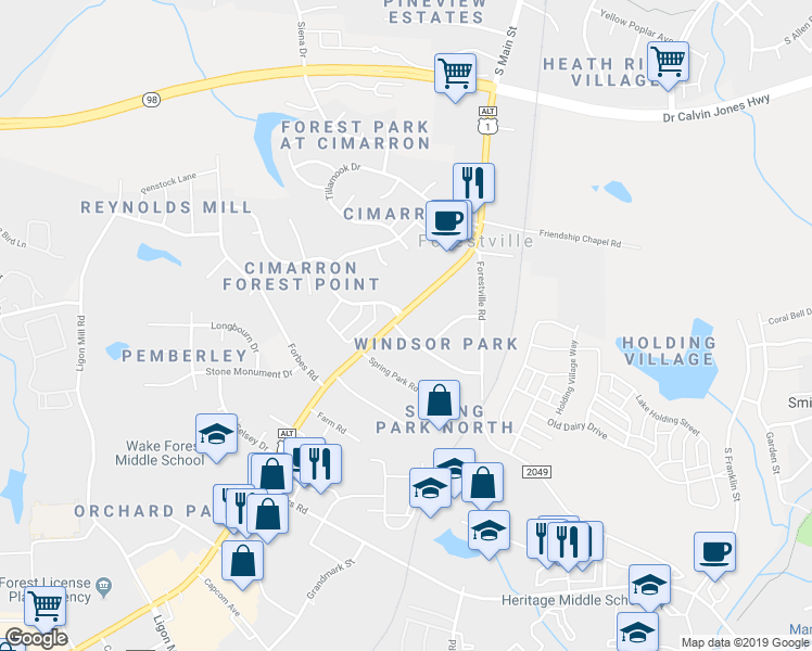 map of restaurants, bars, coffee shops, grocery stores, and more near 1397 South Main Street in Wake Forest