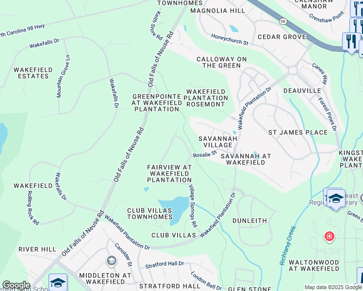 map of restaurants, bars, coffee shops, grocery stores, and more near 2604 Drommore Lane in Raleigh
