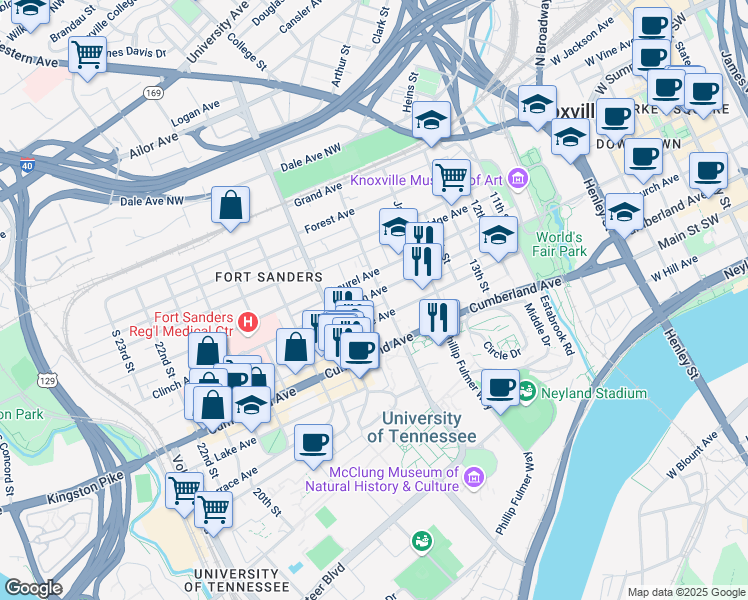 map of restaurants, bars, coffee shops, grocery stores, and more near in Knoxville