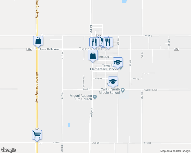 map of restaurants, bars, coffee shops, grocery stores, and more near 9246 California 65 in Terra Bella