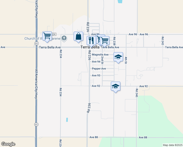 map of restaurants, bars, coffee shops, grocery stores, and more near 9246 California 65 in Terra Bella