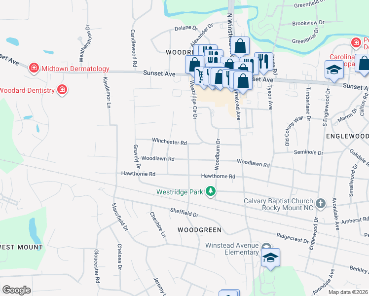 map of restaurants, bars, coffee shops, grocery stores, and more near 3708 Woodlawn Rd in Rocky Mt