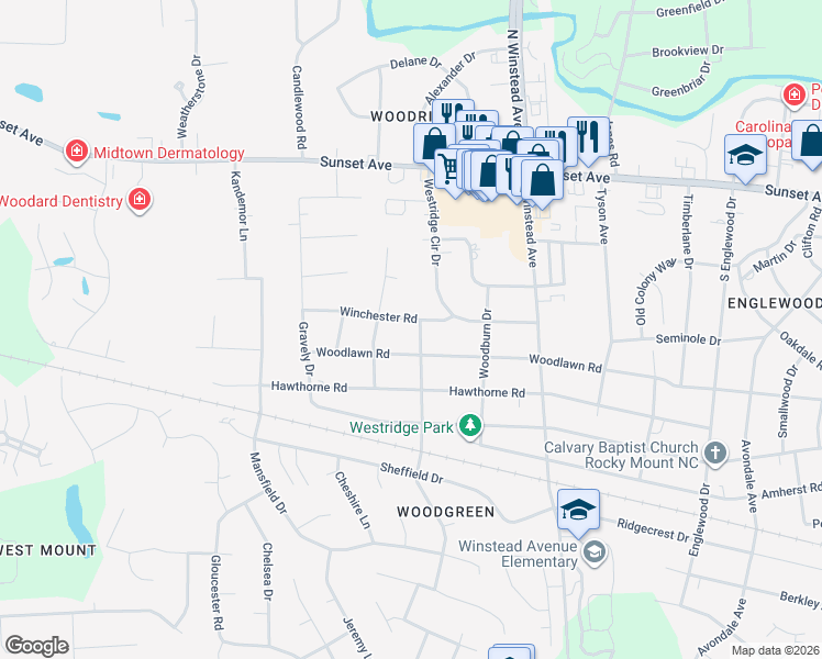 map of restaurants, bars, coffee shops, grocery stores, and more near 3708 Woodlawn Rd in Rocky Mt