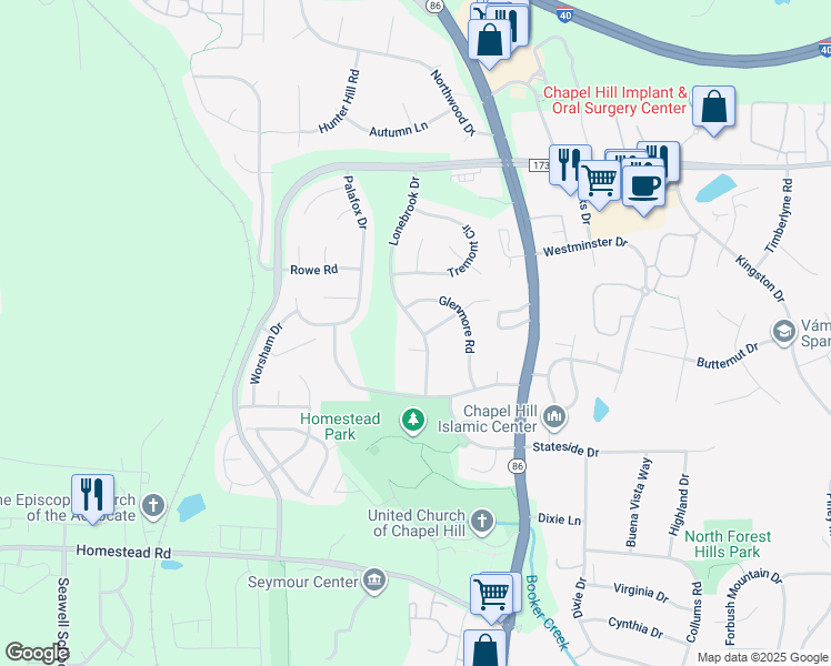 map of restaurants, bars, coffee shops, grocery stores, and more near 306 Lonebrook Drive in Chapel Hill