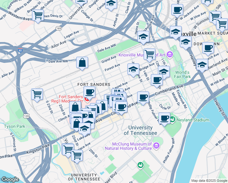 map of restaurants, bars, coffee shops, grocery stores, and more near 1636 Clinch Avenue in Knoxville