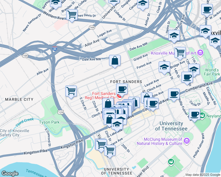 map of restaurants, bars, coffee shops, grocery stores, and more near 2002 Highland Avenue in Knoxville
