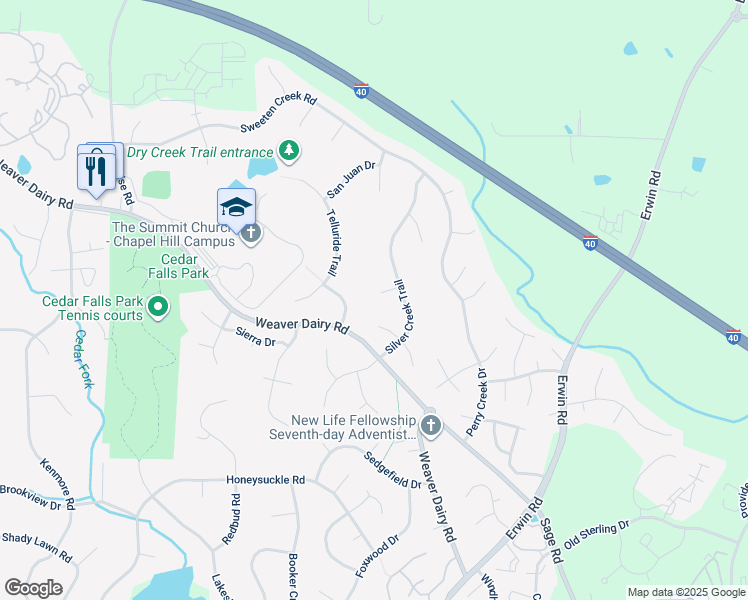map of restaurants, bars, coffee shops, grocery stores, and more near 108 San Miguel Place in Chapel Hill
