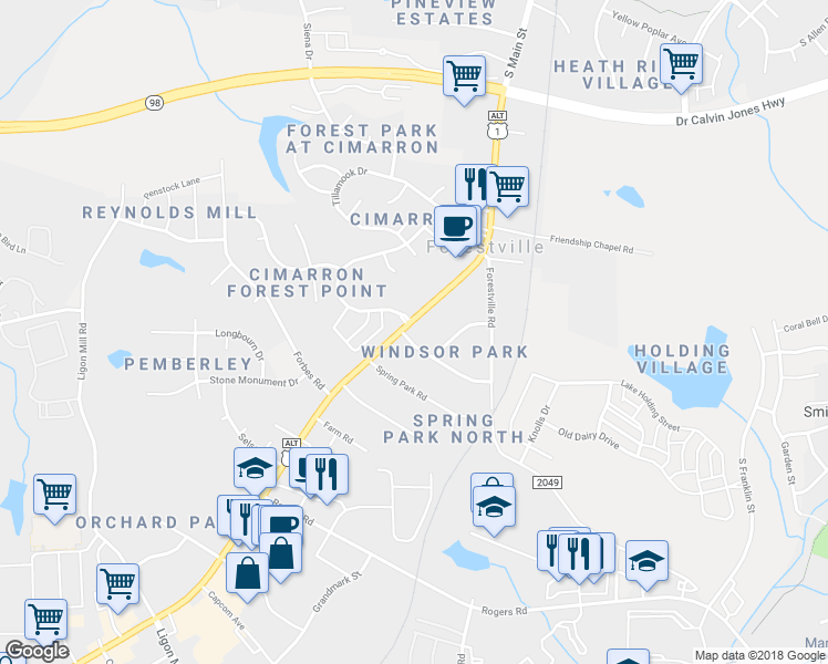 map of restaurants, bars, coffee shops, grocery stores, and more near 1395 South Main Street in Wake Forest