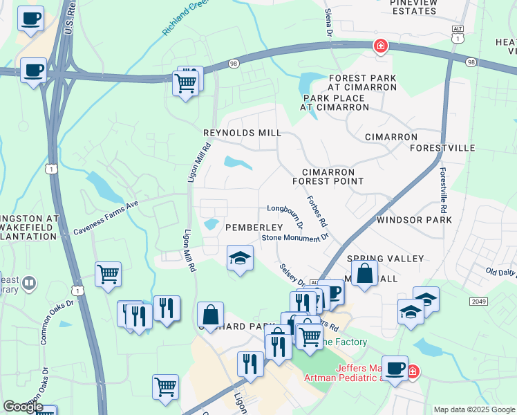 map of restaurants, bars, coffee shops, grocery stores, and more near Grace Church Street in Wake Forest