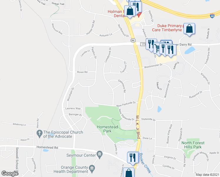 map of restaurants, bars, coffee shops, grocery stores, and more near 306 Lonebrook Drive in Chapel Hill
