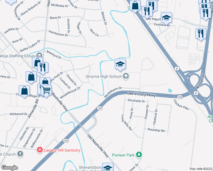 map of restaurants, bars, coffee shops, grocery stores, and more near 208 Stewarts Landing Circle in Smyrna