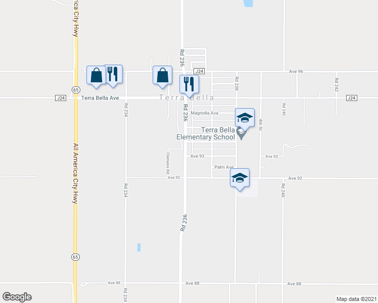 map of restaurants, bars, coffee shops, grocery stores, and more near 9314 Road 236 in Terra Bella